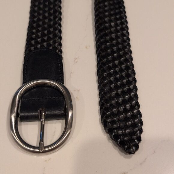 Talbots Black Woven Leather Belt Silver Oval Buckle Size M